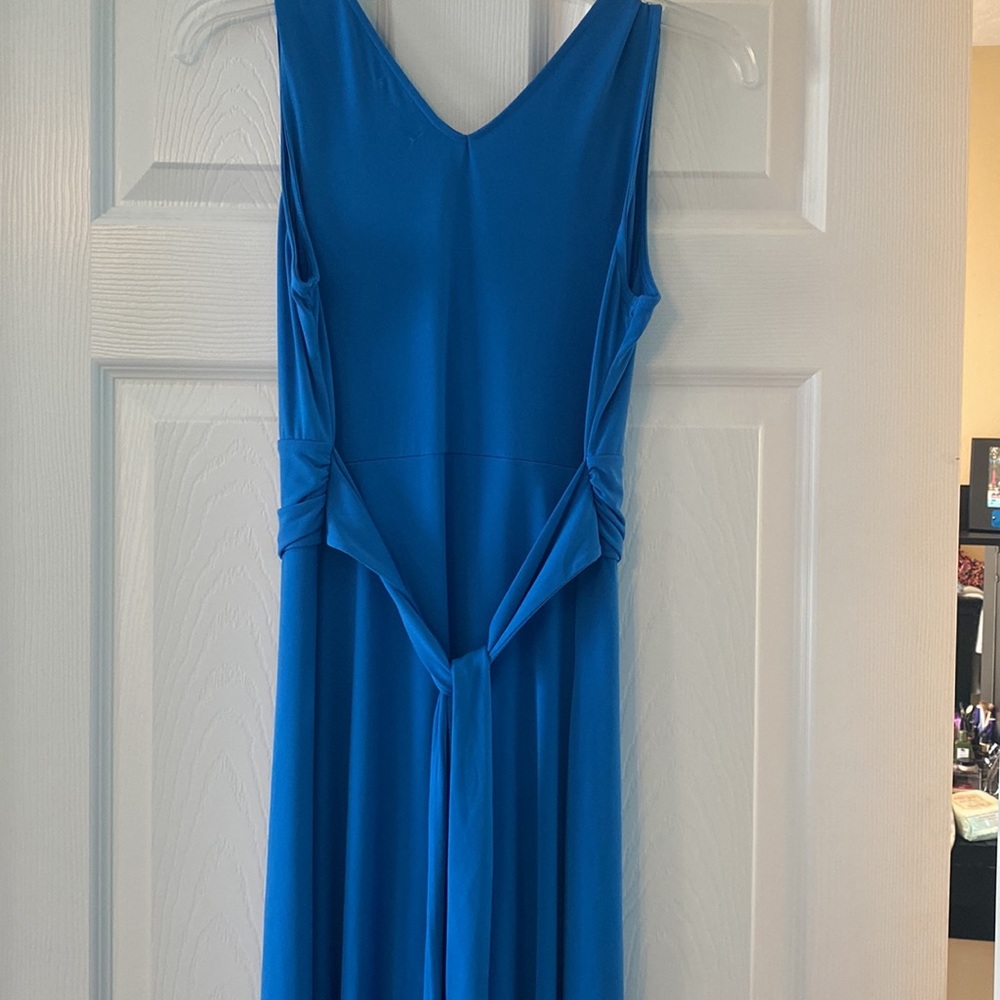 New York and Company Blue Dress V-neck Ruched Tie Back - Picture 4 of 5